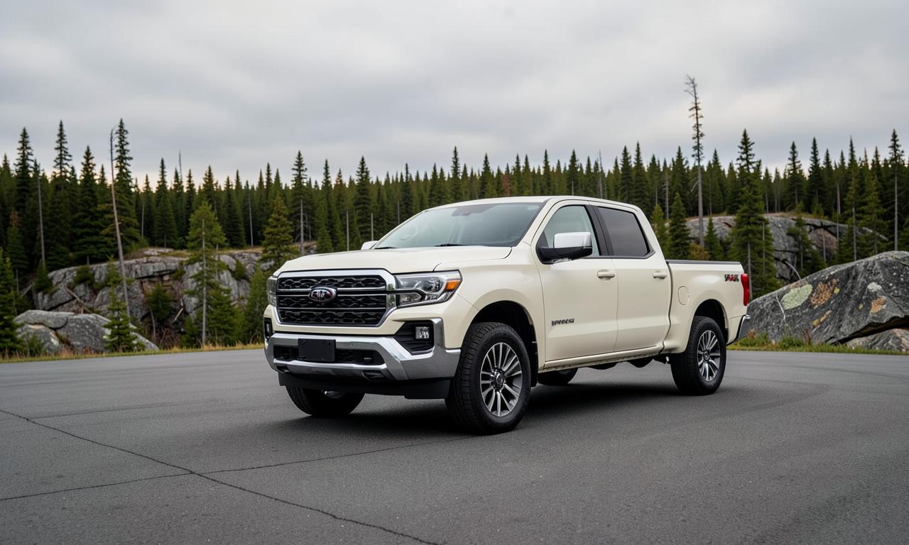 White heavy-duty pickup truck in Northern Ontario