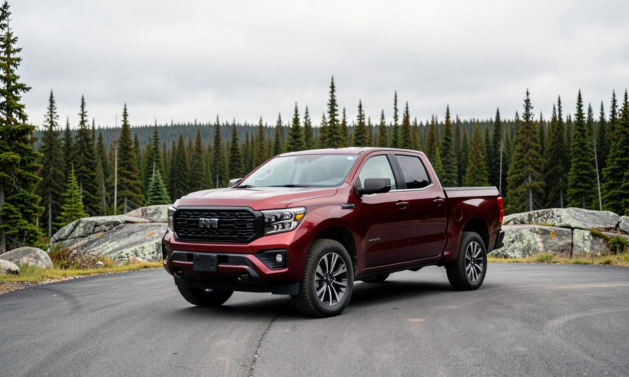 Red light-duty pickup truck in Northern Ontario
